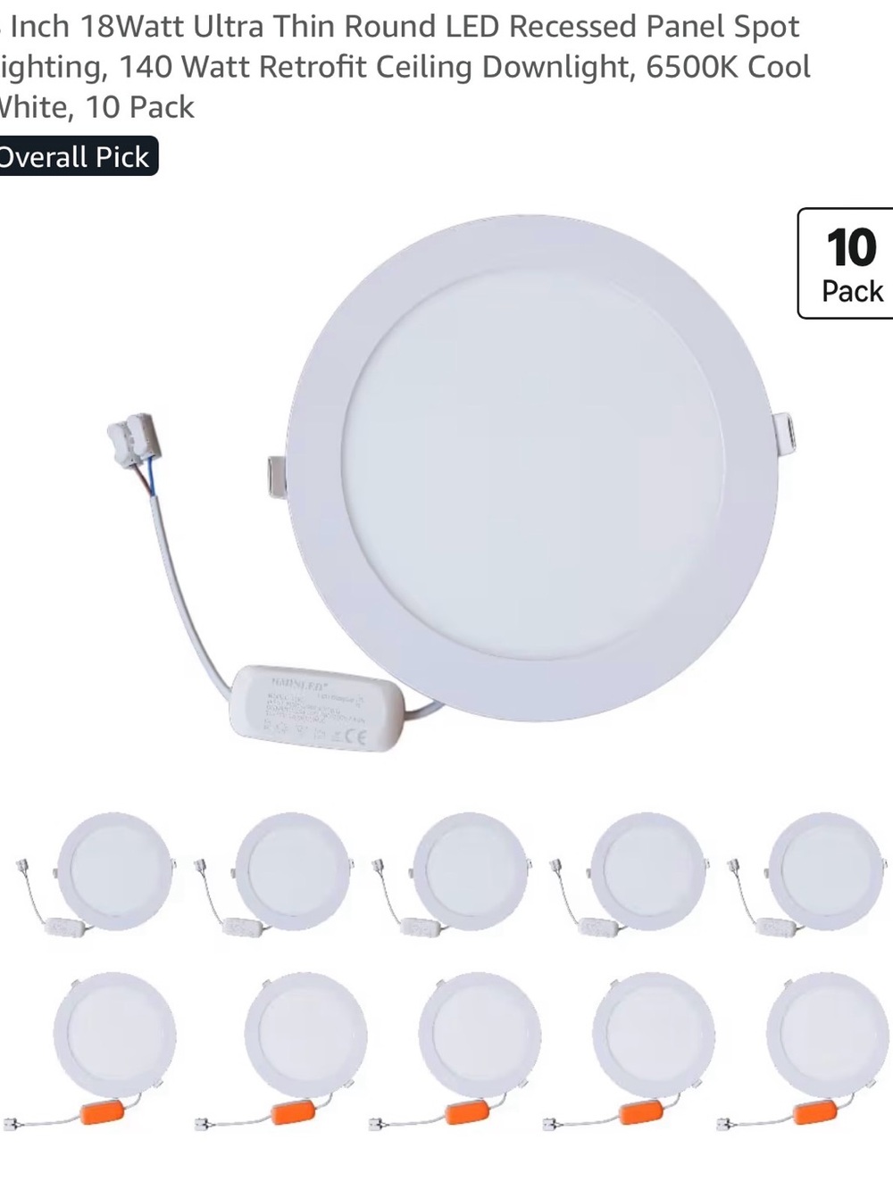 8 Inch 18Watt Ultra Thin Round LED Recessed Panel Spot Lighting, 140 Watt 10pk